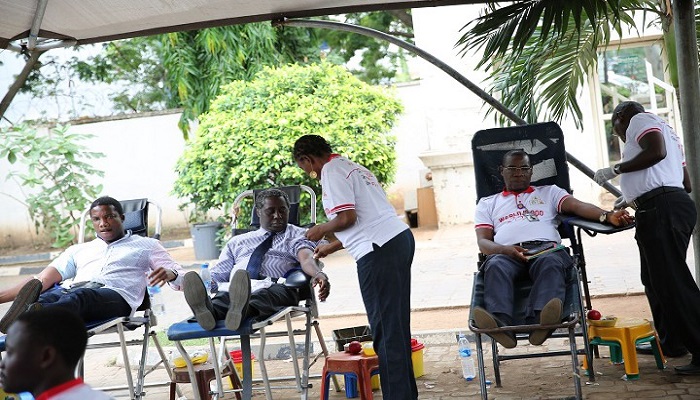Voluntary Blood Donors give blood to a blood drive in Abuja organized by The IHVN, National Blood Transfusion Service to mark World Blood Donor Day 2017.